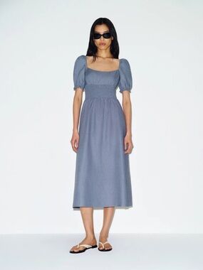 NEW Reformation Adler Linen Midi Smocked Puff Sleeve Dress Cornflower Blue US 4